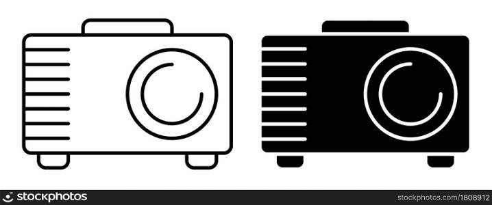 Linear icon. Cinema projector for projecting film and images onto wide screen. Equipment for home multimedia cinema. Simple black and white vector