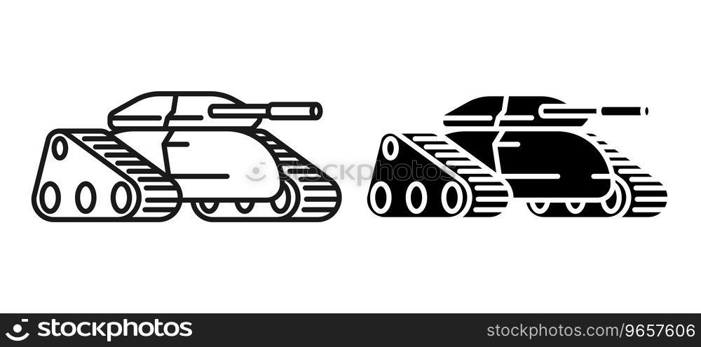 Linear icon, combat army track tank with camouflage coloring and long barrel for firing projectiles at enemy. Heavy artillery equipment. Simple black and white vector isolated on white background