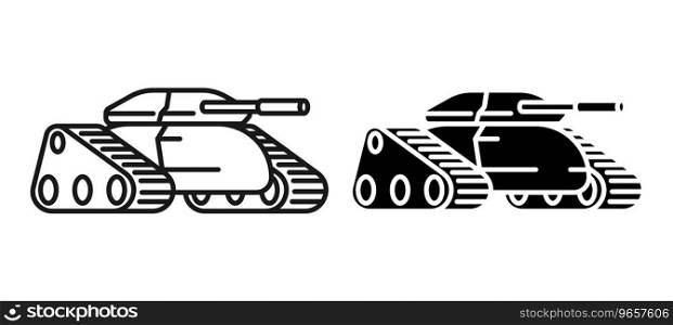 Linear icon, combat army track tank with camouflage coloring and long barrel for firing projectiles at enemy. Heavy artillery equipment. Simple black and white vector isolated on white background