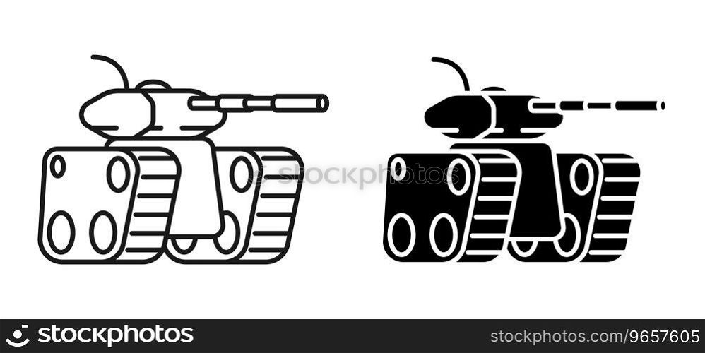 Linear icon, combat army track tank with long barrel for firing projectiles at enemy. Heavy artillery equipment. Simple black and white vector isolated on white background