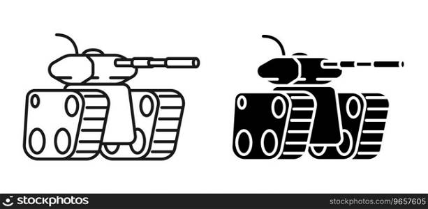 Linear icon, combat army track tank with long barrel for firing projectiles at enemy. Heavy artillery equipment. Simple black and white vector isolated on white background