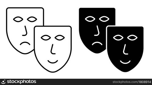 Linear icon. comedy and tragic theatrical masks together. Theatrical premieres, circus poster. Simple black and white vector isolated on white background