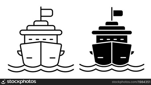 Linear icon. Cruise ship for ocean voyages around the world. Multi deck liner for sea recreation. Simple black and white vector isolated on white background