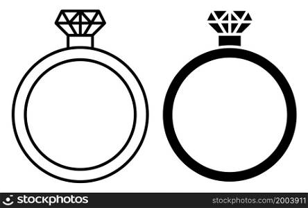 Linear icon. Diamond ring with large gem. Expensive holiday gift for girl for her birthday or Valentines Day. Simple black and white vector isolated on white background