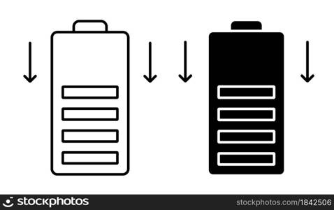 Linear icon. Dropping battery power. Energy storage in energy efficient recyclable battery. Simple black and white vector on white background