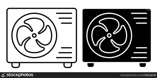 Linear icon. External air conditioner unit with fan. Room cooling and heating. Maintaining comfortable temperature in office. Simple black and white vector isolated on white background
