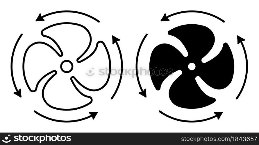 Linear icon. Fan blades of air conditioner with rotation direction arrows. Maintaining comfortable temperature in summer. Simple black and white vector isolated on white background