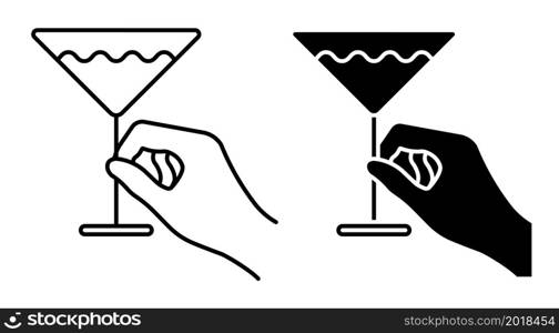 Linear icon. Female hand holding glass with martini. Cocktails, alcoholic drinks, for menu of cafe, restaurant. Simple black and white vector isolated on white background