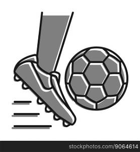 Linear icon. Foot in spiked sports boot hits soccer ball. Passing, hitting ball by player in command play on field or in training. Simple black and white vector isolated on white
