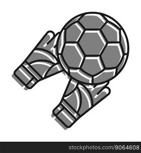 Linear icon. Goalkeeper gloved hands catch flying soccer ball. Football goalie gear to protect football goals. Simple black and white vector isolated on white background