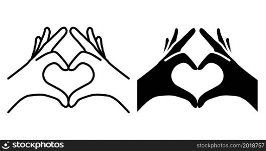 Linear icon. Human hands join fingers in shape of heart. Gesture of friendliness and love. Simple black and white vector isolated on white background