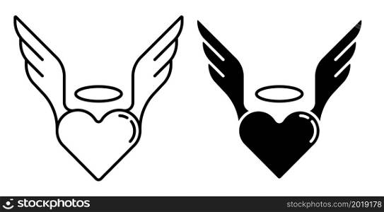 Linear icon. Inspired heart of human in love. Heart symbol with wings and halo. Simple black and white vector isolated on white background