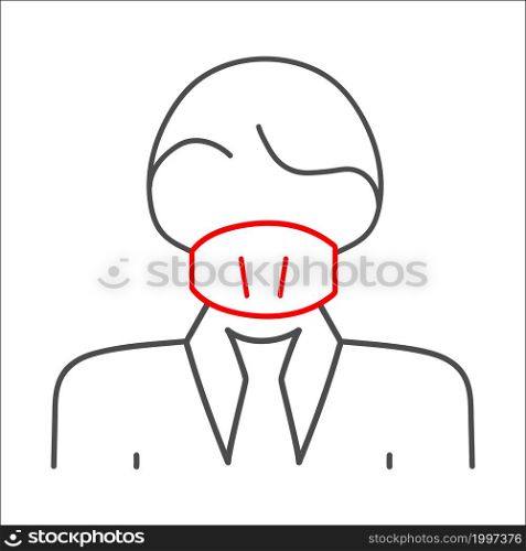 linear icon is a man wearing a mask or a gauze bandage for the face. The mask covers the mouth and nose. Virus protection, a sign on the door. Flat style.