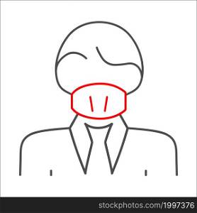 linear icon is a man wearing a mask or a gauze bandage for the face. The mask covers the mouth and nose. Virus protection, a sign on the door. Flat style.
