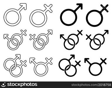 Linear icon. Male and female gender symbols. Gender signs set. Simple black and white vector isolated on white background