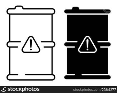 Linear icon, metal barrel with danger sign. Storage and disposal of hazardous substances. Simple black and white vector isolated on white background