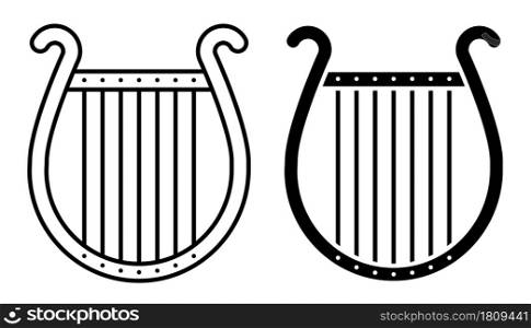 Linear icon. Musical harp. Concert instrument Greek lyre. Simple black and white vector isolated on white background