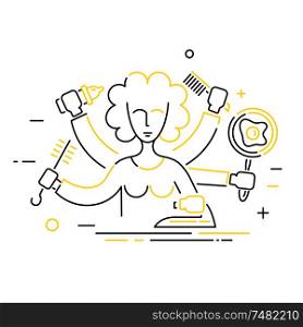 Linear icon of an abstract woman with lots of hands. The concept of homework. Vector illustration