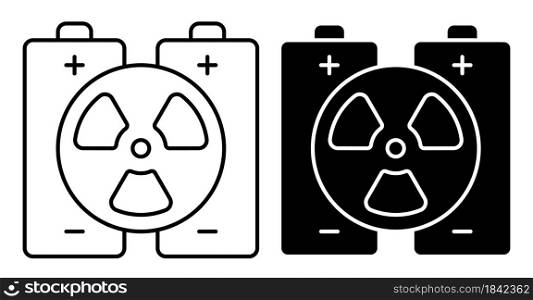Linear icon. Pair of batteries with sign of atomic energy. High capacity energy storage devices based on radioactive elements. Simple black and white vector on white background