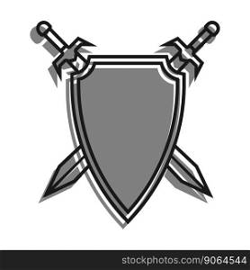 linear icon, pair of crossed knight swords against background of shield. Emblem of old royal family. Simple black and white vector isolated on white background