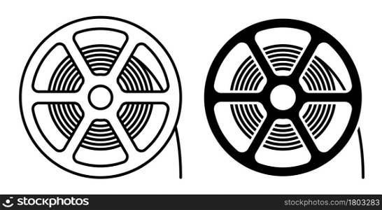Linear icon. Reel with old 35 mm photo film. World cinema day December 28th. Simple black and white vector