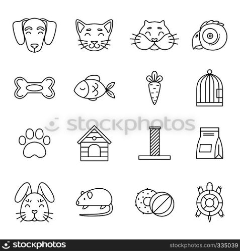 Linear icon set of domestic pets and his tools. Zoo magazin vector pictures isolated. Hamster and turtle, domestic linear dog and cat illustration. Linear icon set of domestic pets and his tools. Zoo magazin vector pictures isolated