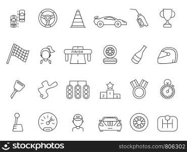 Linear icon set of formula 1 cars. Sport car race drive, flag finish, trophy meda and podium, vector illustration. Linear icon set of formula 1 cars