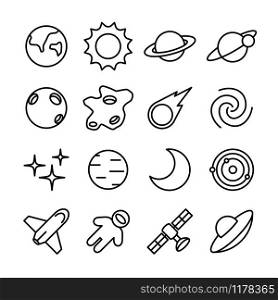 Linear icon set related to Space mater natural and man made. Related to space science, astronomy also space technology. Editable stroke vector, isolated at white