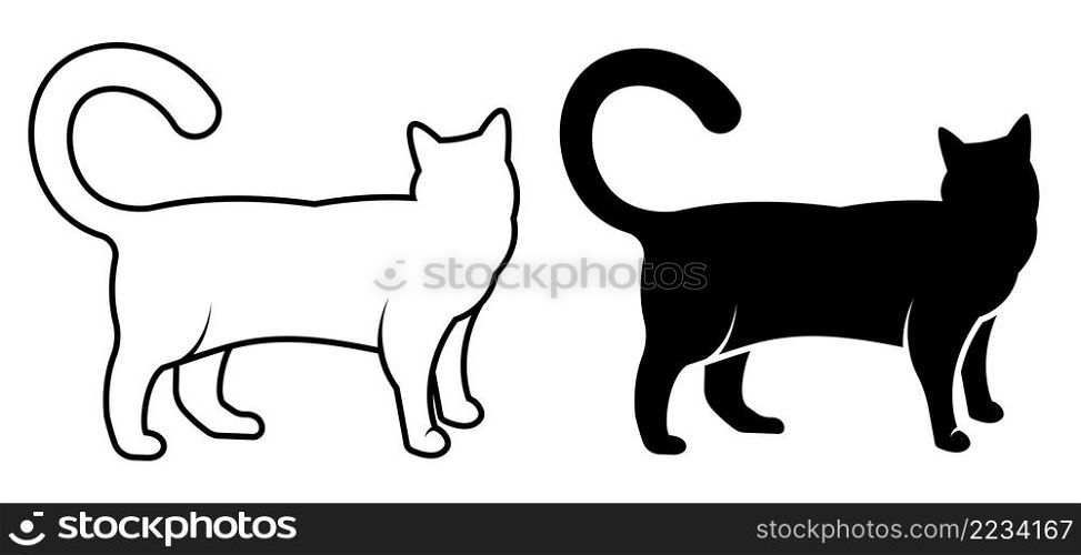 linear icon. Standing cat turned its head and waits his owner. Silhouette of domestic cat, pets. Simple black and white vector isolated on white background