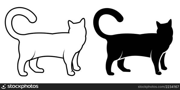 linear icon. Standing cat turned its head and waits his owner. Silhouette of domestic cat, pets. Simple black and white vector isolated on white background