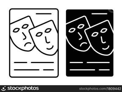Linear icon. Theatrical advertising poster. Announcement of premiere with theatrical masks. Simple black and white vector isolated on white background