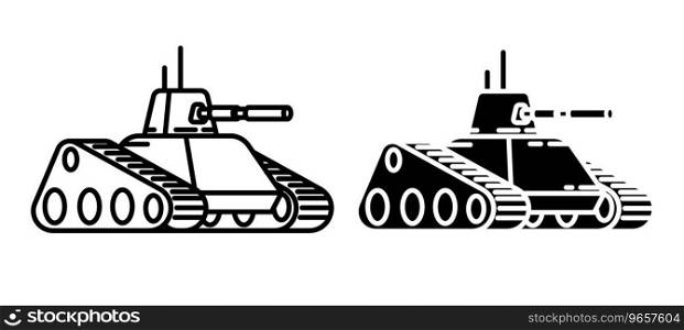 Linear icon, turret army track tank with long barrel for firing projectiles at enemy. Heavy artillery equipment. Simple black and white vector isolated on white background