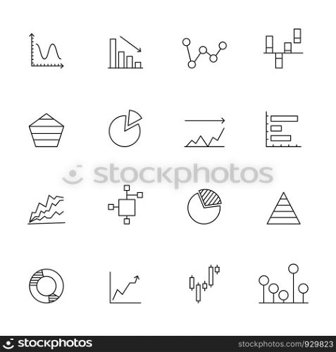 Linear icons of charts. Business icons set isolate. Business chart linear, graph infographic outline, vector illustration. Linear icons of charts. Business icons set isolate