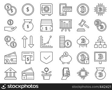 Linear icons set of money and business symbols. Credit cards, coins. Collection of business icons bitcoin mining and cryptocurrency. Vector illustration. Linear icons set of money and business symbols. Credit cards, coins