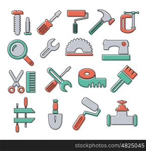 Linear icons tools . Linear icons with building tools and objects repair