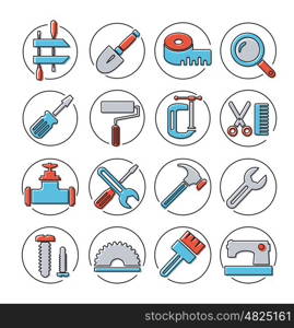 Linear icons tools . Linear icons with building tools and objects repair