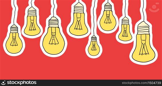 Linear illustration of cartoon hanging light bulbs on red background. Border. Vector element for your creativity. Linear illustration of cartoon hanging light bulbs on red backgr