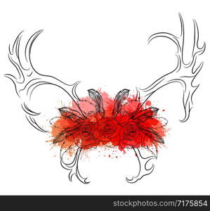 Linear illustration of deer horns with roses and feathers with watercolor spray. Vector element for sketch for tattoos, print on t-shirts and for your design.. Linear illustration of deer horns with roses and feathers with watercolor spray.