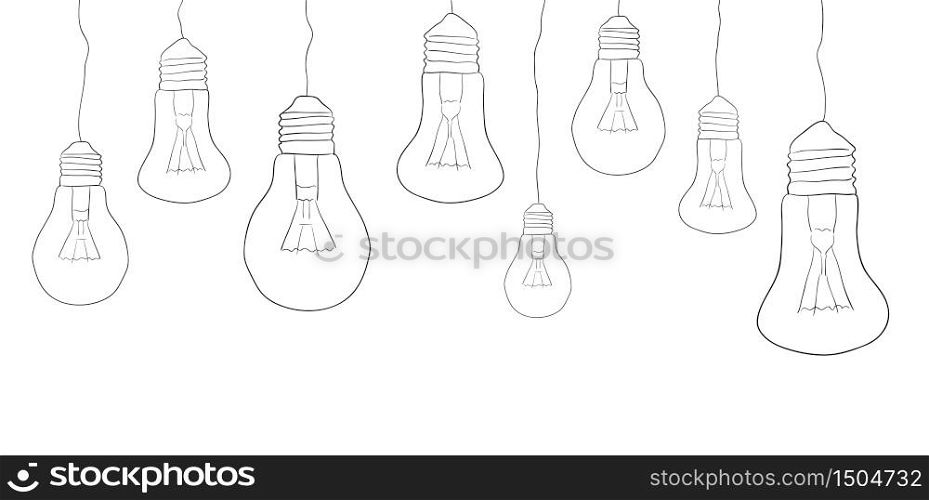 Linear illustration of hanging light bulbs. Border. Vector element for your creativity. Linear illustration of hanging light bulbs. Border. Vector eleme