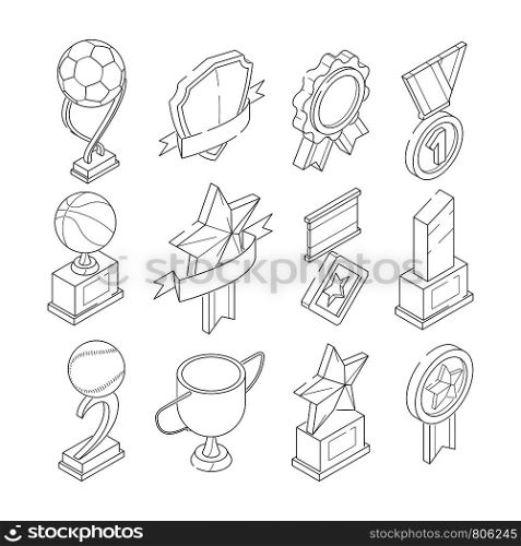 Linear isometric icon set of various sport trophies. Winner and champion prize, medal and cup illustration. Linear isometric icon set of various sport trophies