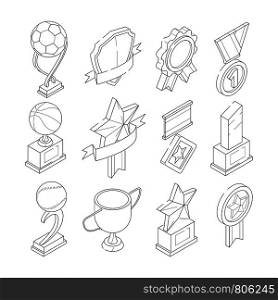 Linear isometric icon set of various sport trophies. Winner and champion prize, medal and cup illustration. Linear isometric icon set of various sport trophies