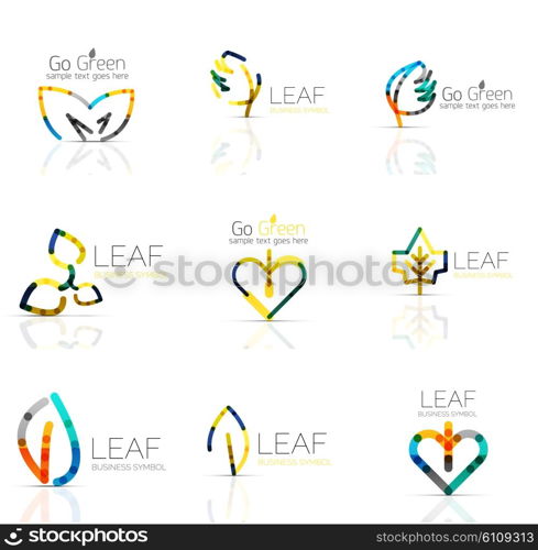 Linear leaf abstract logo set, connected multicolored segments of lines. Vector minimal wire business icons isolated on white. Flat design