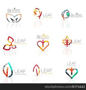 Linear leaf abstract logo set, connected multicolored segments of lines. Vector minimal wire business icons isolated on white. Flat design