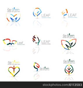 Linear leaf abstract logo set, connected multicolored segments of lines. Vector minimal wire business icons isolated on white. Flat design