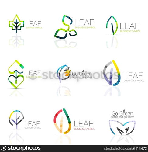 Linear leaf abstract logo set, connected multicolored segments of lines. Vector minimal wire business icons isolated on white. Flat design