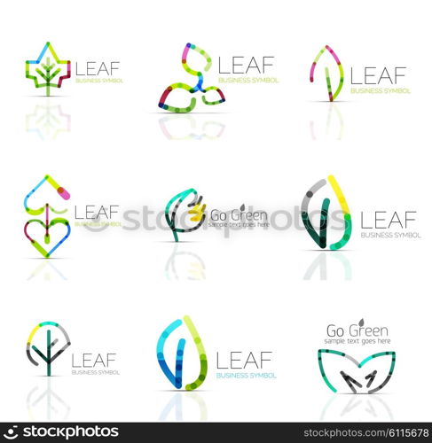 Linear leaf abstract logo set, connected multicolored segments of lines. Vector minimal wire business icons isolated on white. Flat design