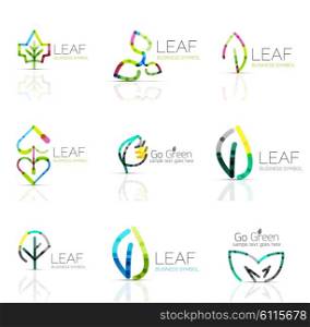 Linear leaf abstract logo set, connected multicolored segments of lines. Vector minimal wire business icons isolated on white. Flat design