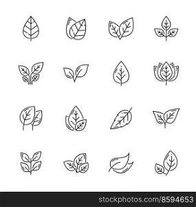 Linear leaf icons, tree plant or nature leaves vector outline symbols. Leaf symbols for eco, bio and organic or vegan and vegetarian, environment, ecology and farming, gardening. Linear leaf icons, tree plants and nature leaves