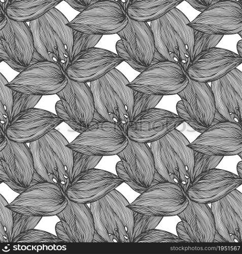 Linear lily flower line seamless pattern for textile design. Elegant floral seamless pattern vector.. Floral vector background black and white. Linear lily flower line seamless pattern for textile design. Vector seamless black and white flower pattern.