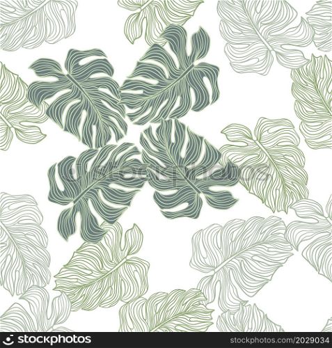 Linear monstera outline seamless pattern isolated. Tropical leaves backdrop. Abstract tropical botanical wallpaper. Design for fabric , textile, surface, wrapping. Vector illustration. Linear monstera outline seamless pattern isolated. Tropical leaves backdrop.